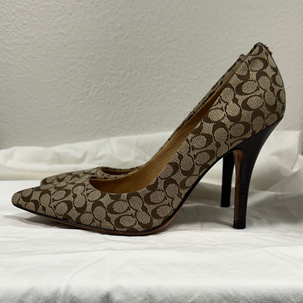Coach Tan and Brown Patterned Heels